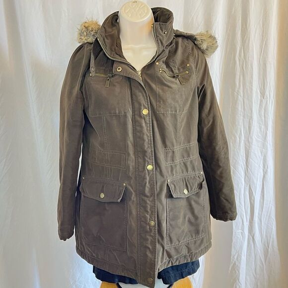 Olive Green Winter Coat ~ Rachel Roy ~ Fur Trim Hooded Jacket ~ Women’s M ~ EUC - Picture 2 of 13